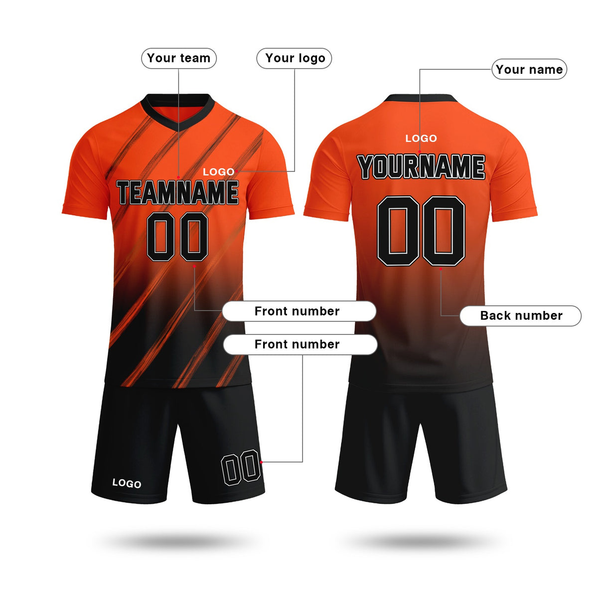 Custom Orange & Black Gradient Soccer Jersey Set | Personalized Team Uniform | Vosoli