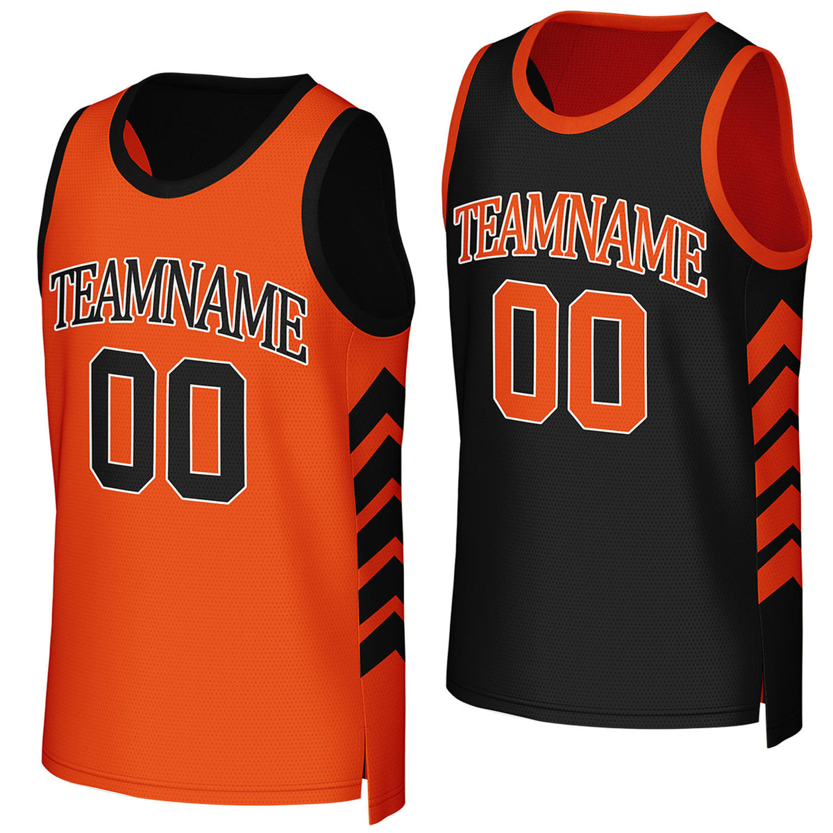 Custom orange & black reversible basketball jersey by Vosoli. Personalized with team name, player name, number, and logo on both sides. Breathable mesh 2-in-1 jersey for high school, college, AAU teams.