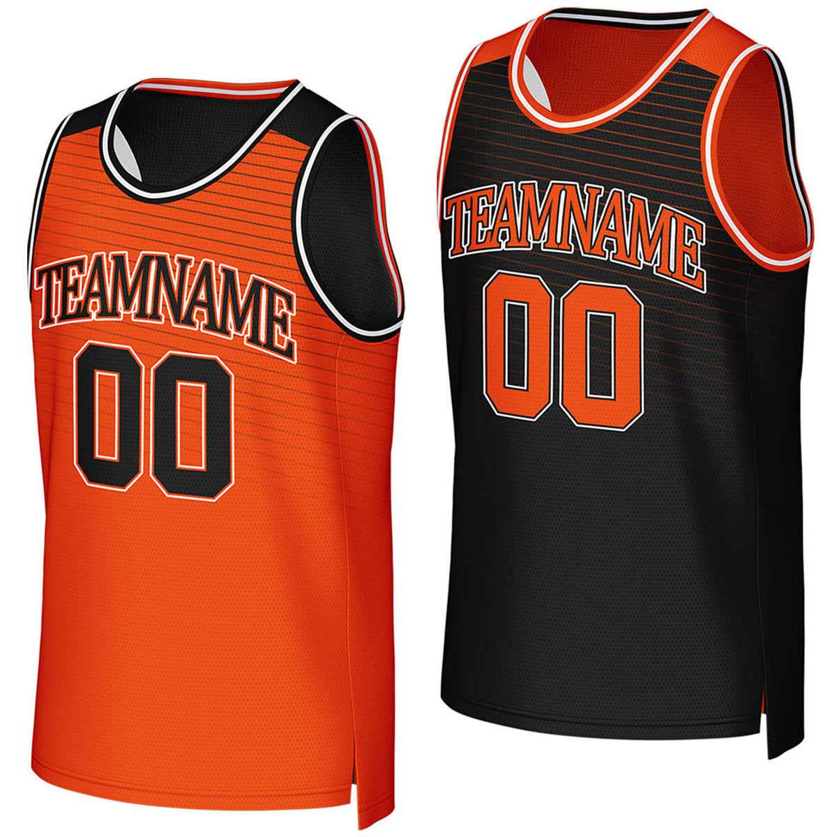 Custom orange & black reversible basketball jersey by Vosoli. Personalized with team name, player name, number, and logo on both sides. Breathable mesh 2-in-1 jersey for high school, college, AAU teams.