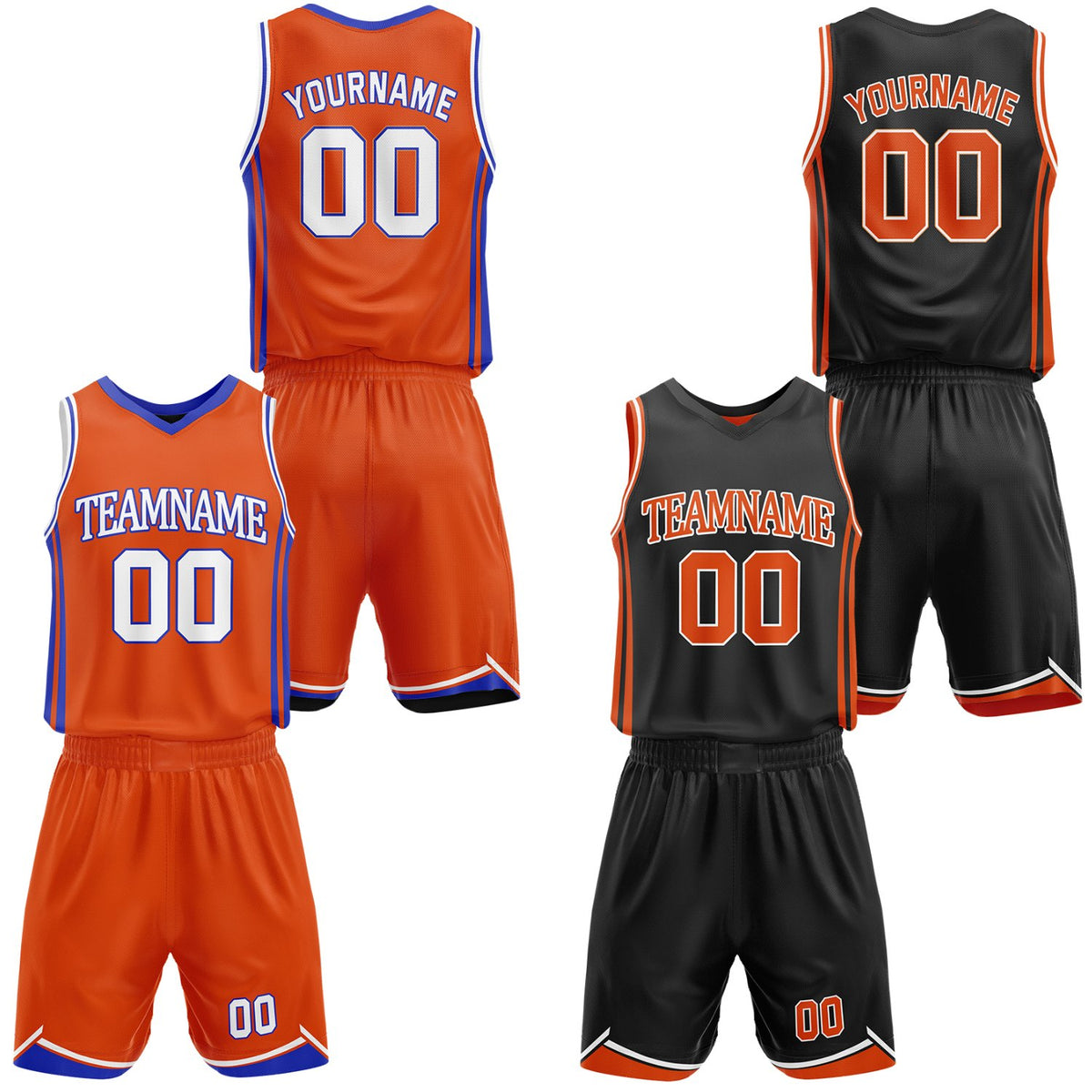 Custom orange &amp; black reversible basketball jersey shorts set by Vosoli | Personalized team name number casual vintage uniform sportswear