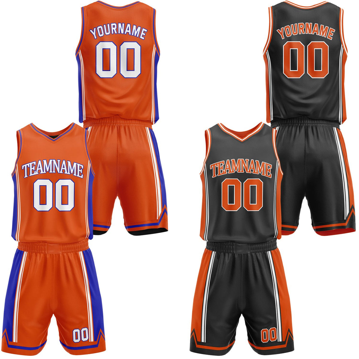 Custom orange &amp; black reversible basketball jersey shorts set by Vosoli | Personalized team name number casual vintage uniform sportswear