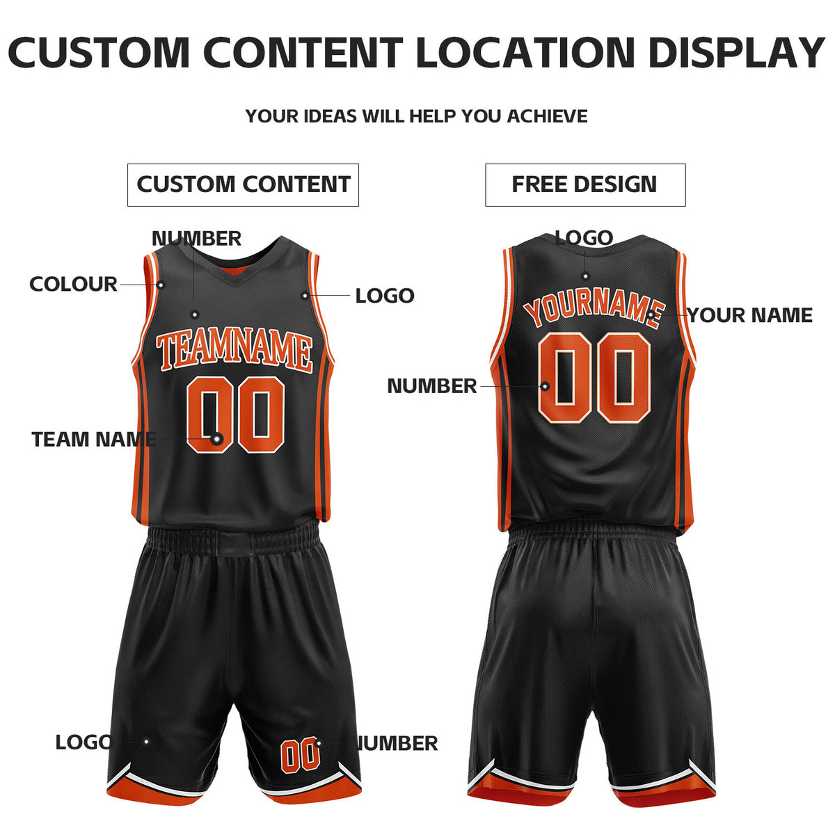 Custom Orange & Black Reversible Basketball Jersey Shorts Set | Personalized Full Vintage Team Uniform