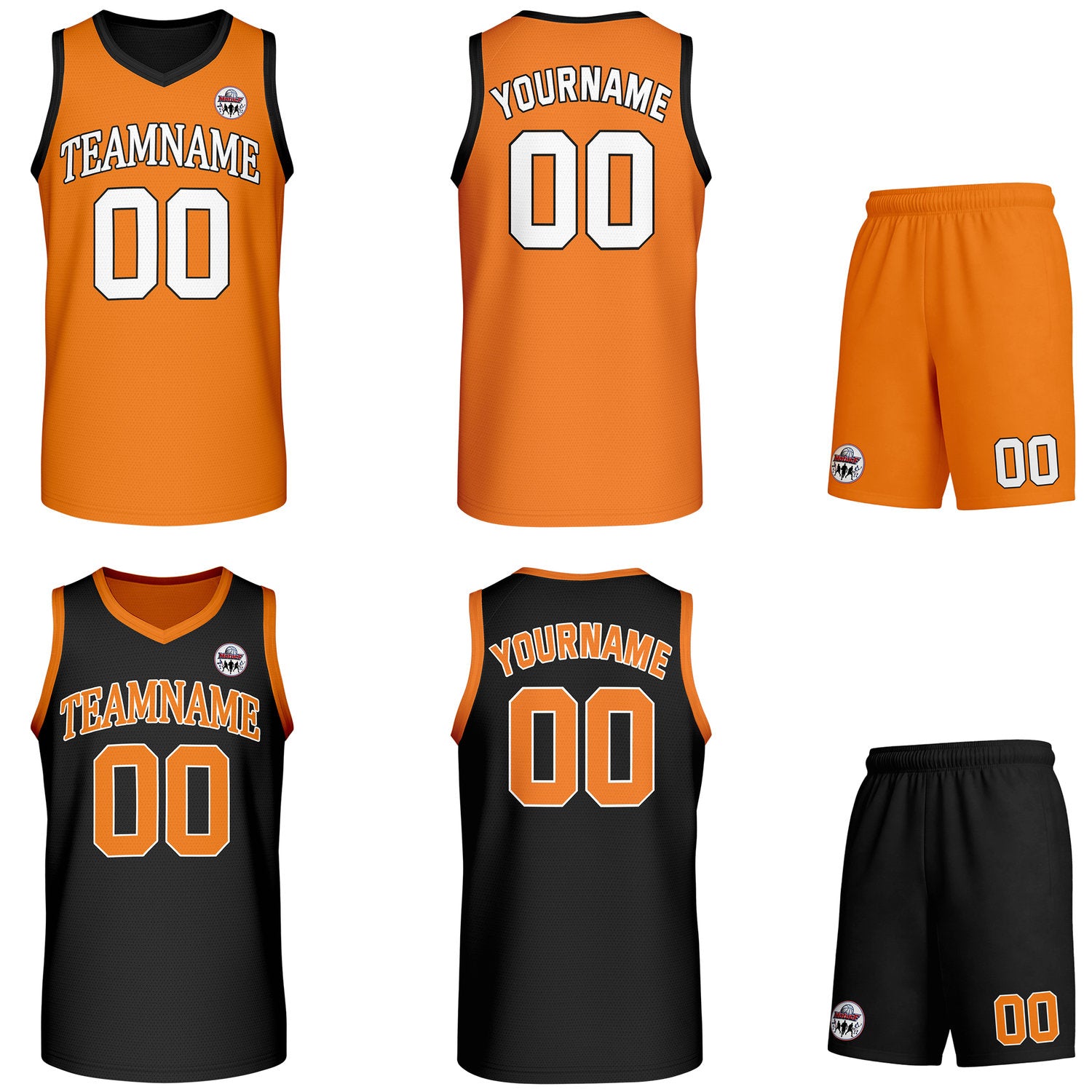Custom orange & black Reversible basketball uniform set, personalized team name number logo breathable mesh jersey and shorts men women youth game practice - Vosoli