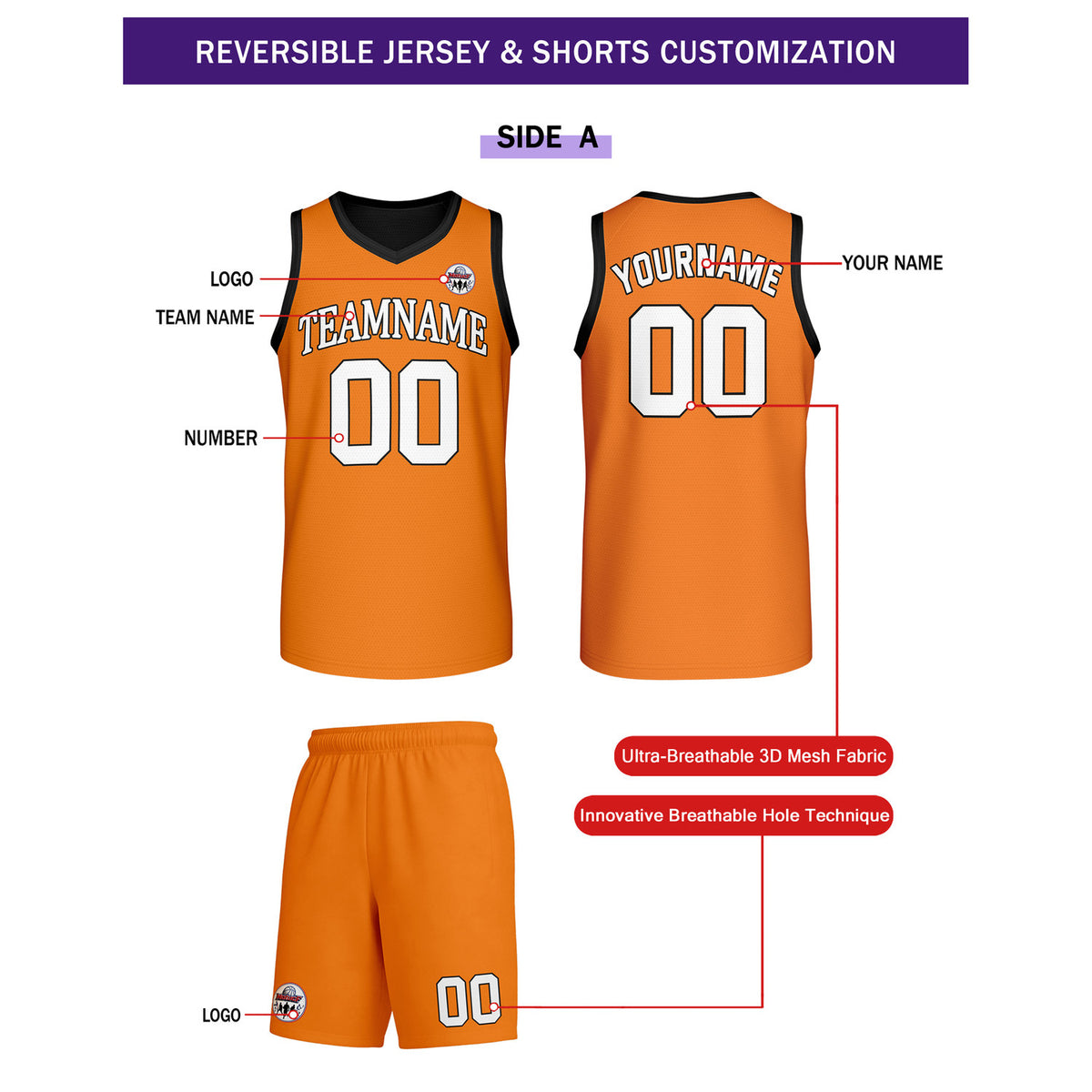 Custom Orange & Black Reversible Basketball Uniform Set | Personalized Team Name & Number - Vosoli