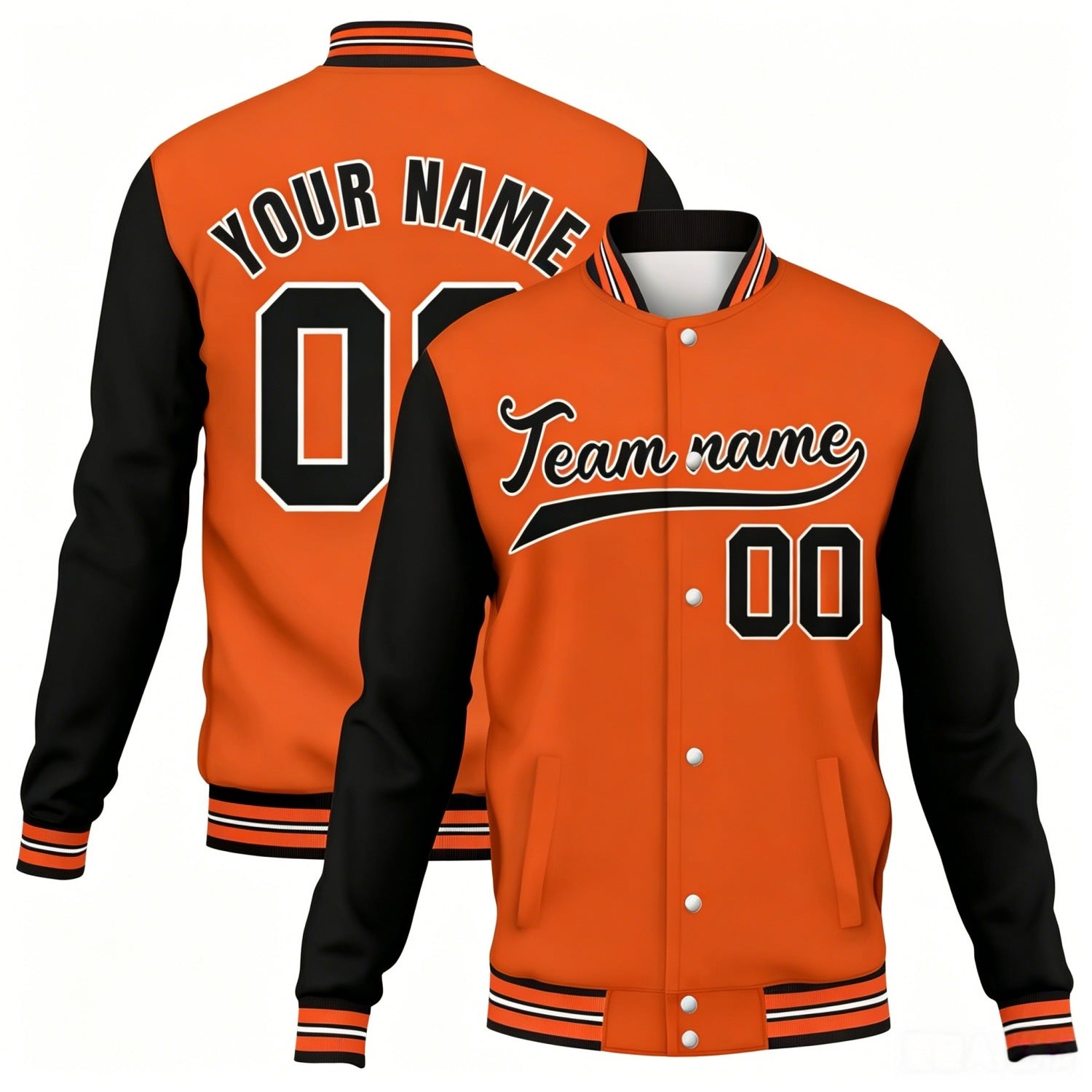 Custom orange-black stitched varsity baseball jacket by Vosoli | Personalized name & team number button-front jacket for youth & adults