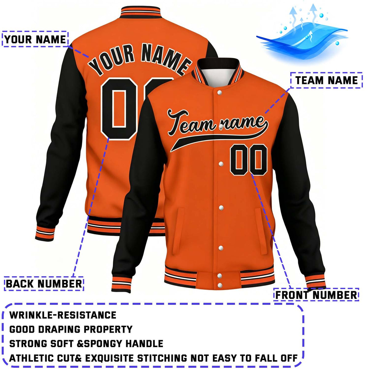 Custom Orange & Black Varsity Baseball Jacket | Personalized Name & Team Number