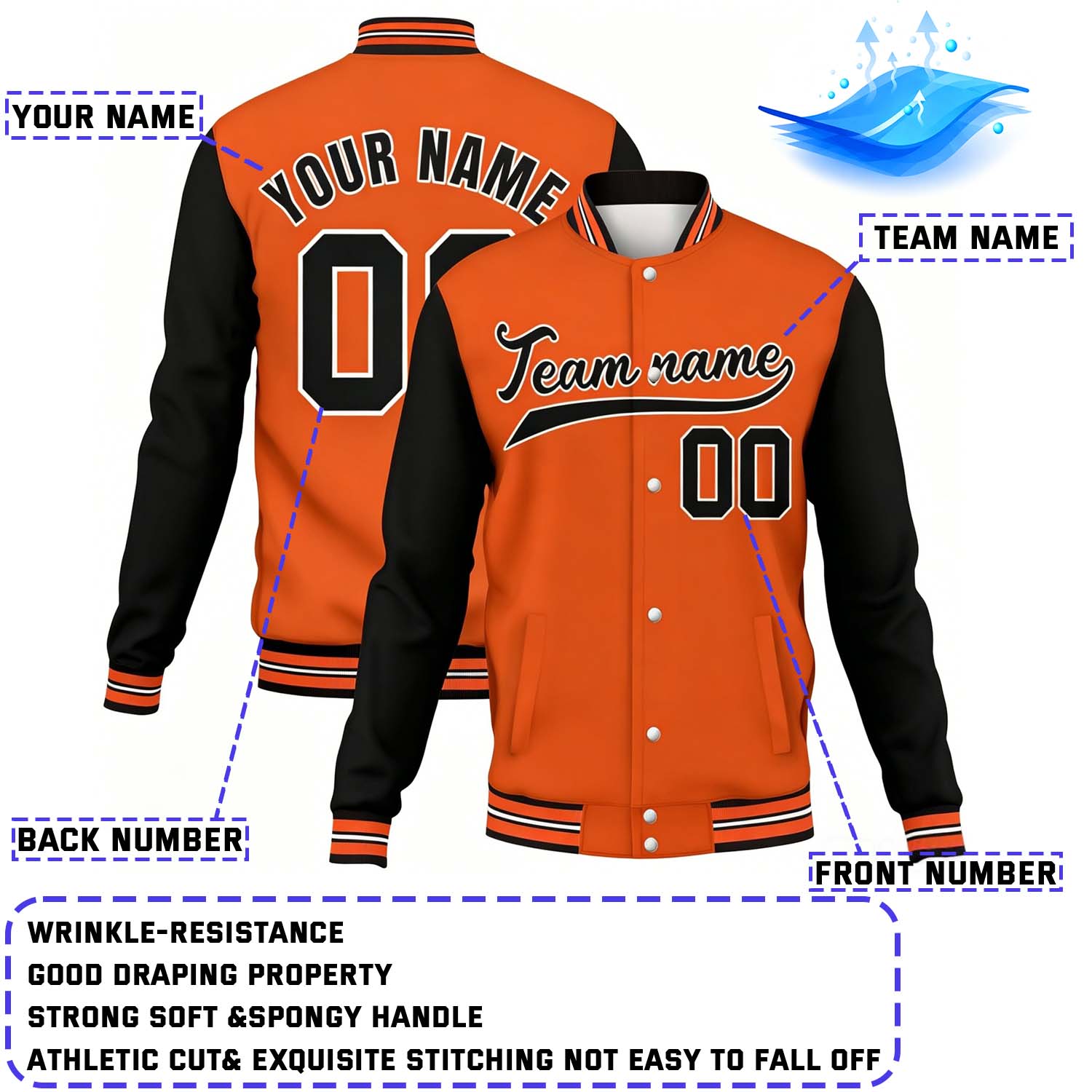 Custom Orange & Black Varsity Baseball Jacket | Personalized Name & Team Number