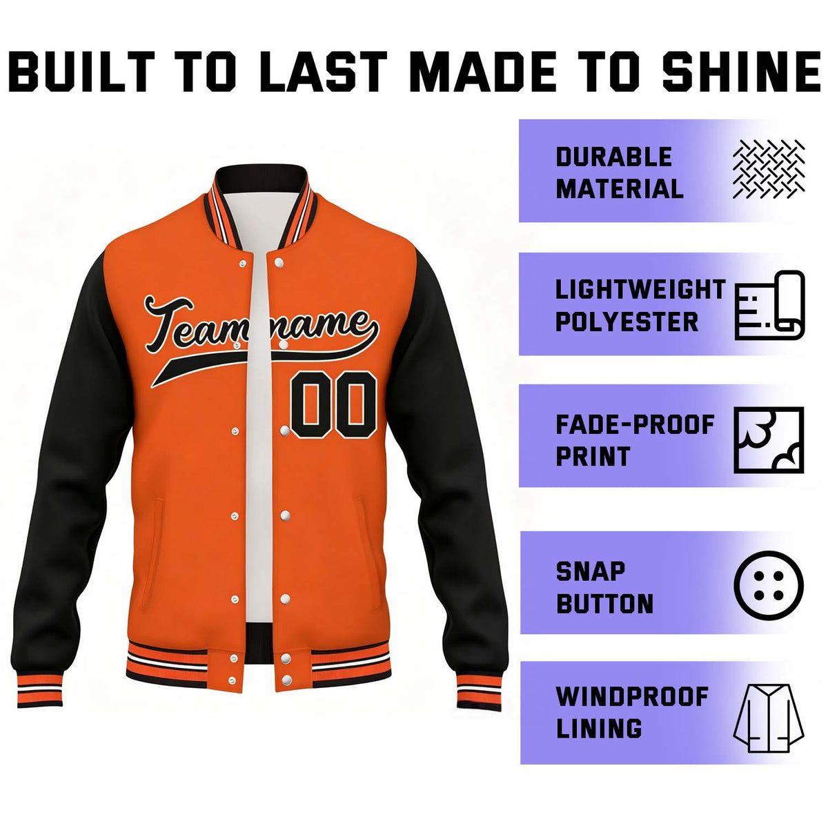 Custom Orange & Black Varsity Baseball Jacket | Personalized Name & Team Number