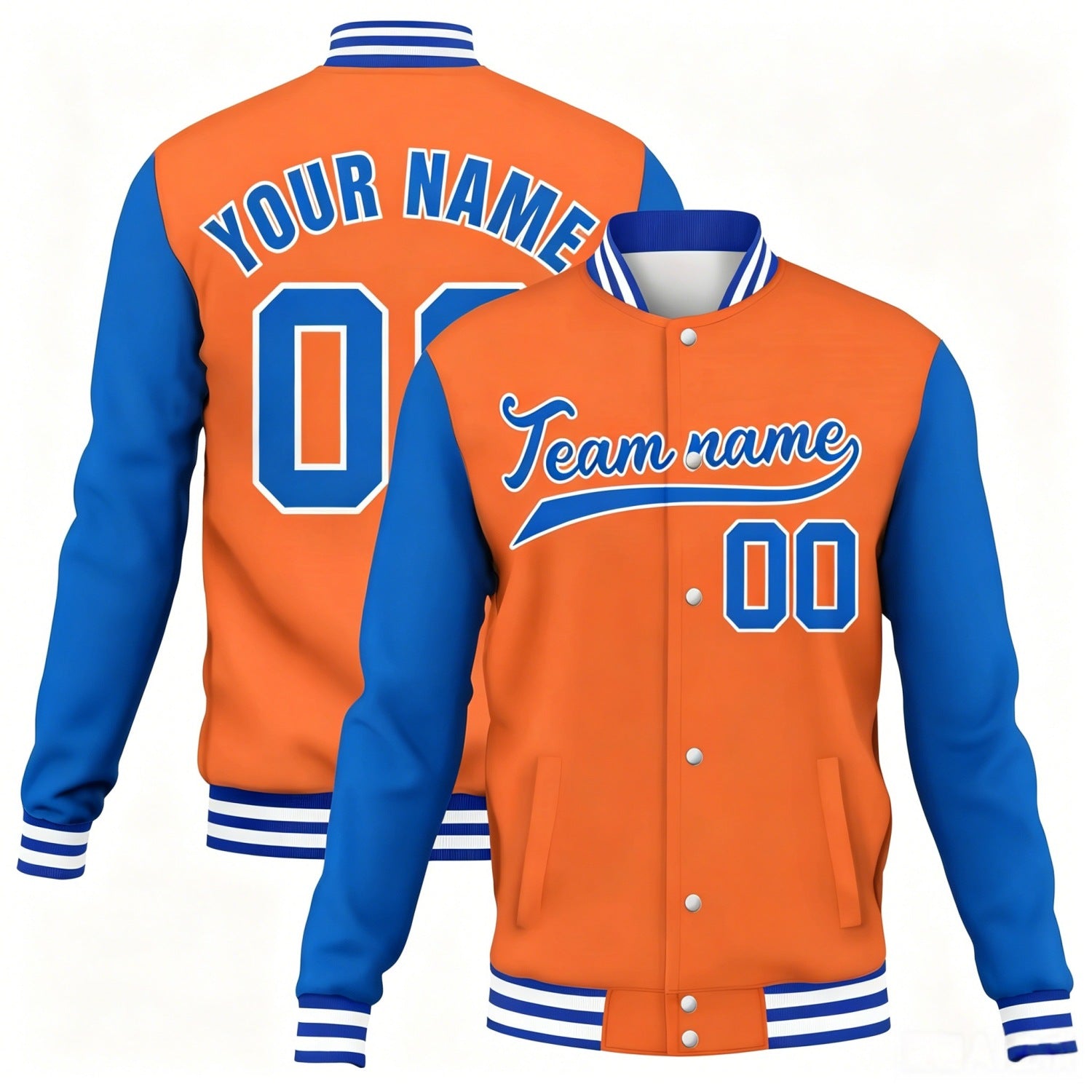 Custom orange-blue contrast sleeve stitched varsity baseball jacket by Vosoli | Personalized team name & number jacket for youth & adults