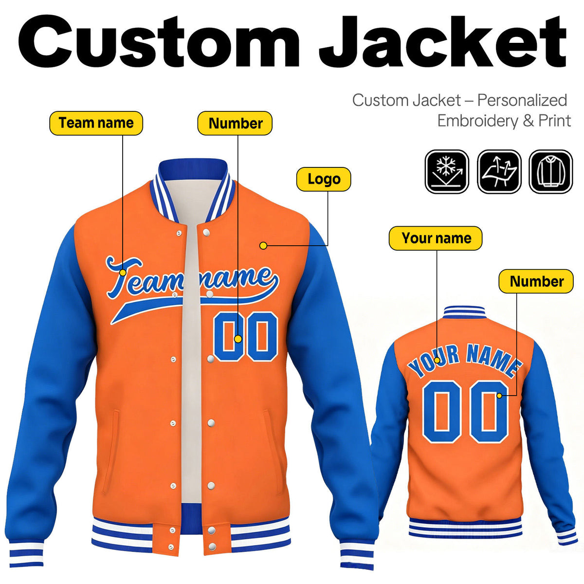 Custom Orange & Blue Contrast Sleeve Varsity Baseball Jacket | Personalized Team Name & Number