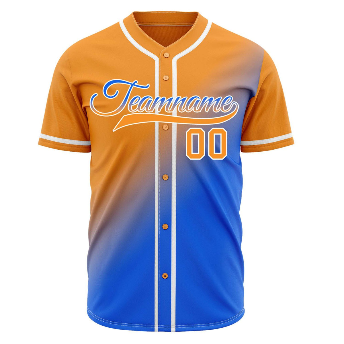 Custom orange-to-royal blue gradient baseball jersey, personalized with team name and number logo, breathable fabric suitable for men and women - Vosoli