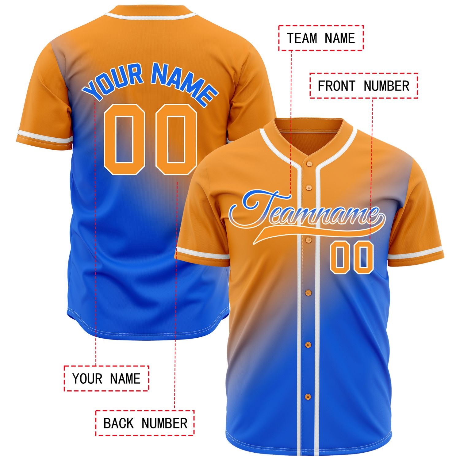 Custom orange-to-royal blue gradient baseball jersey, personalized with team name and number logo, breathable fabric suitable for men and women - Vosoli