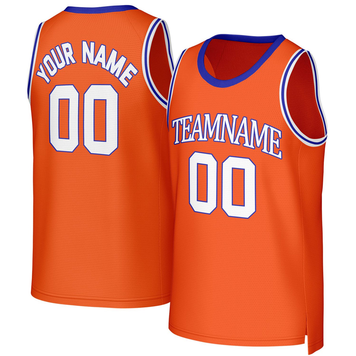 Custom orange & blue basketball jersey by Vosoli. Personalized with team name, player name, number, and logo. Breathable mesh jersey for high school, college, AAU teams.