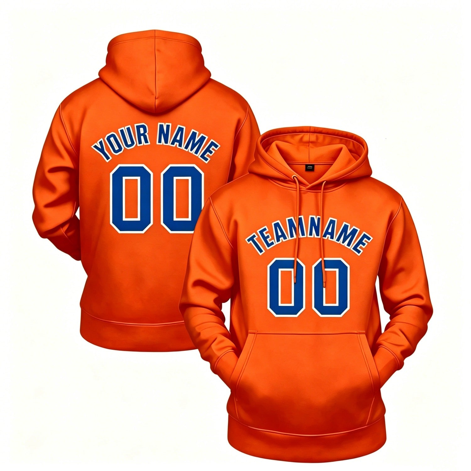 Custom orange hoodie with blue print, personalized name & number pullover, casual sports hoodie for men women youth fan wear - Vosoli