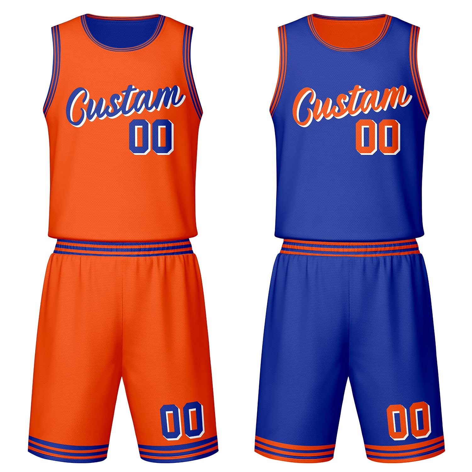Custom orange & blue reversible basketball jersey set with shorts by Vosoli | Personalized team name, number & logo | Breathable mesh sport jersey uniform