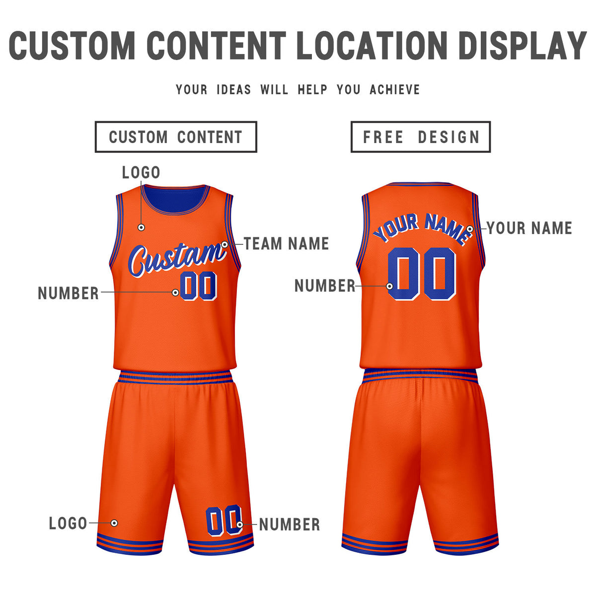 Custom Orange Blue Reversible Basketball Jersey Set | Personalized Name Number Mesh Sports Uniform