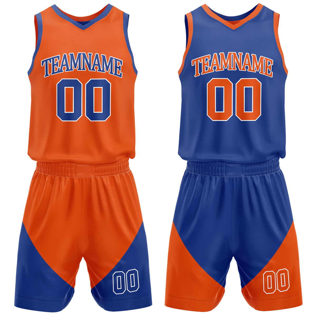 Custom orange and blue reversible basketball uniform by Vosoli. Personalized with team name, number, and logo. Breathable mesh jersey and shorts for high school, college, AAU teams.