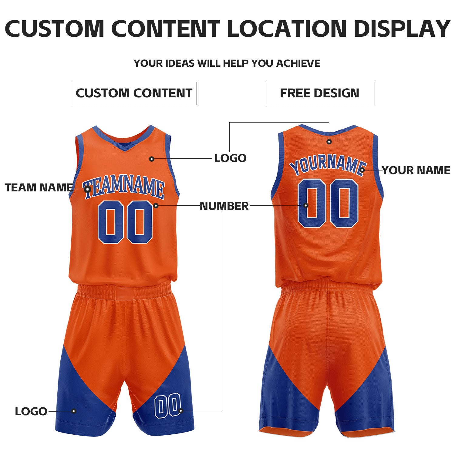 Custom Orange & Blue Reversible Basketball Uniform Set | Personalized Name Number Sports Jersey Shorts Kit