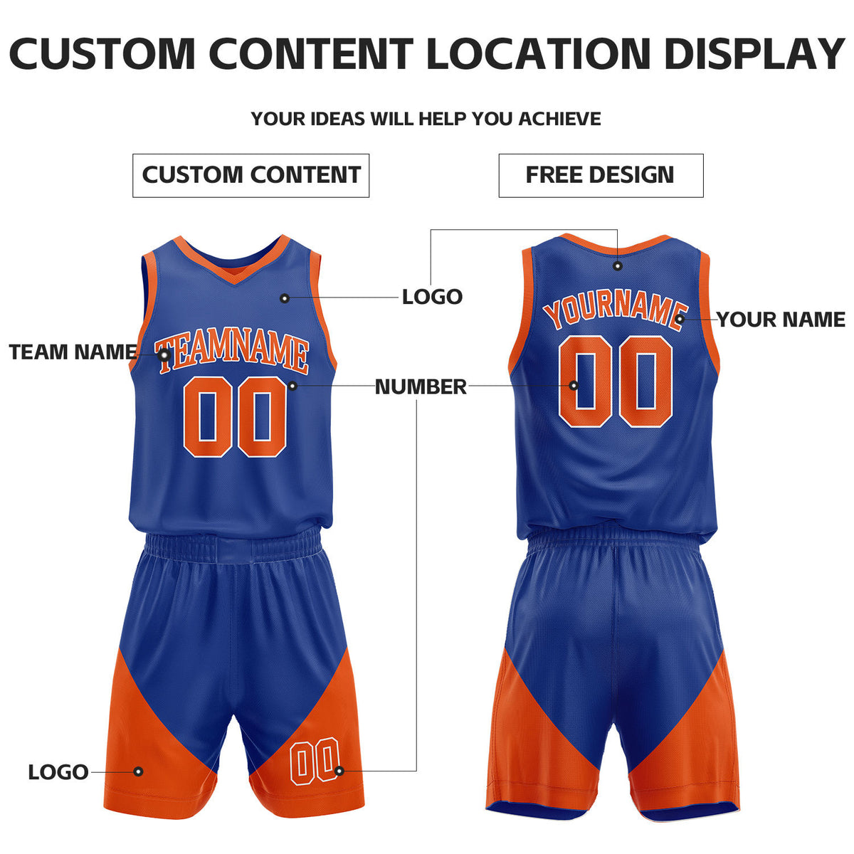 Custom Orange & Blue Reversible Basketball Uniform Set | Personalized Name Number Sports Jersey Shorts Kit