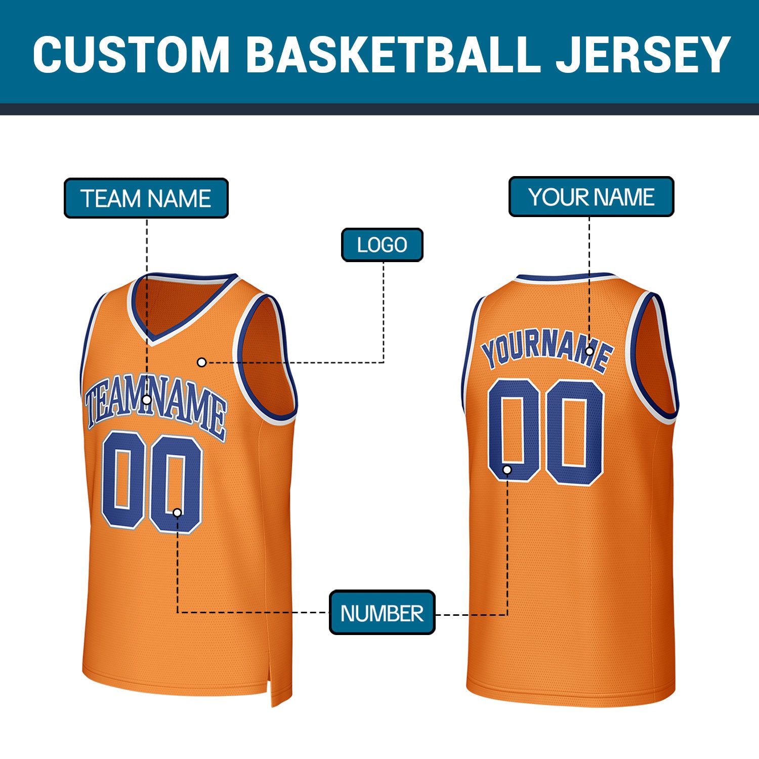 Custom Orange Blue Stitched Basketball Jersey | Personalized Name Number Logo Mesh Sports Jersey