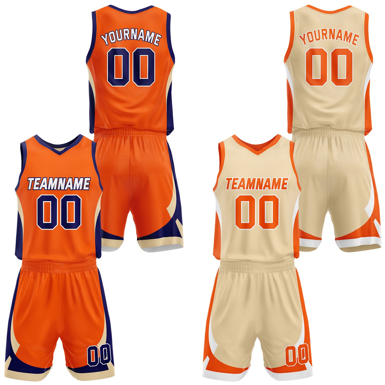 Custom orange & cream reversible basketball jersey set with shorts by Vosoli | Personalized team name, number & logo | Breathable mesh sport jersey uniform