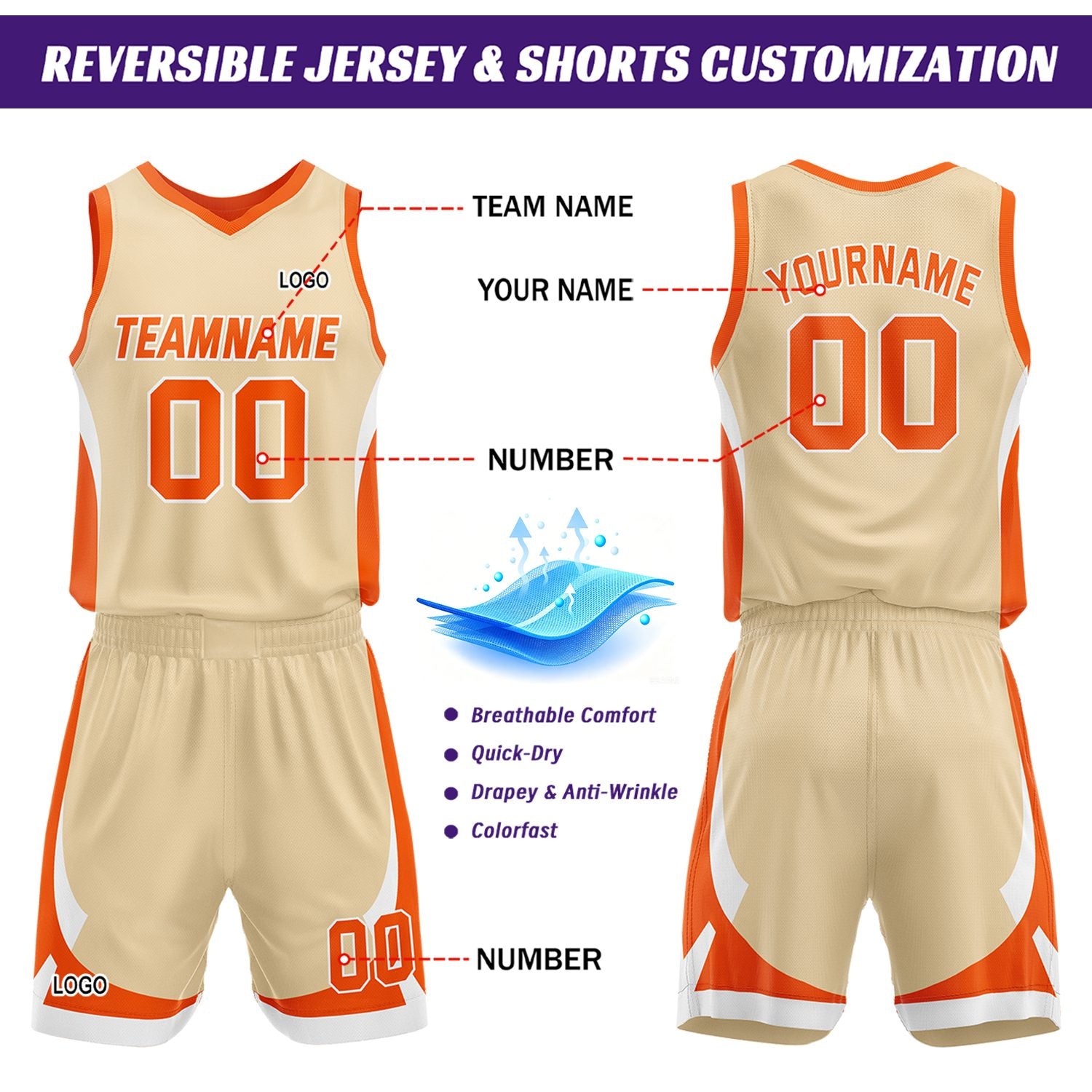 Custom Orange Cream Reversible Basketball Jersey Set | Personalized Name Number Mesh Sports Uniform