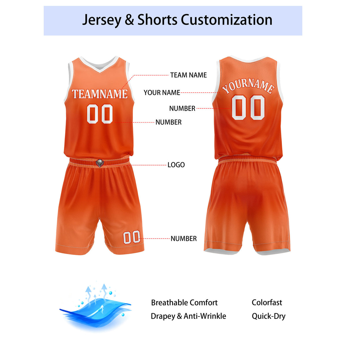 Custom Orange Gradient Basketball Jersey + Shorts Set - Personalized Team Name, Number & LOGO | Vosoli