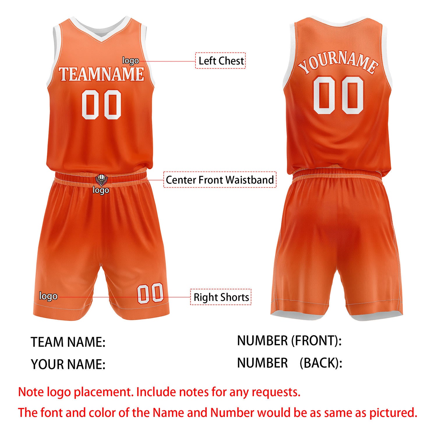Custom Orange Gradient Basketball Jersey + Shorts Set - Personalized Team Name, Number & LOGO | Vosoli
