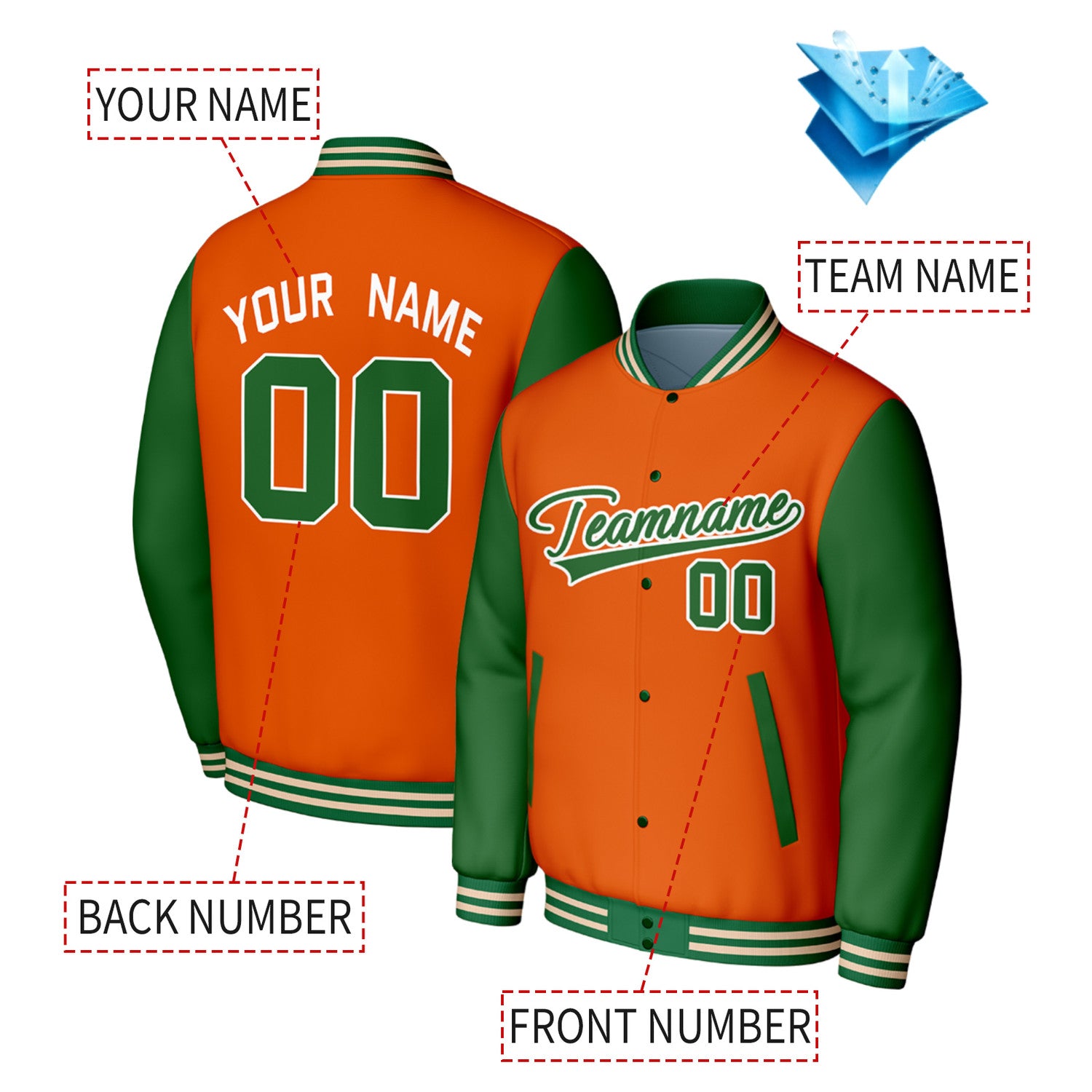 Custom Orange & Green Varsity Baseball Jacket | Personalized Jacket with Stitched Name & Number for Adult & Youth