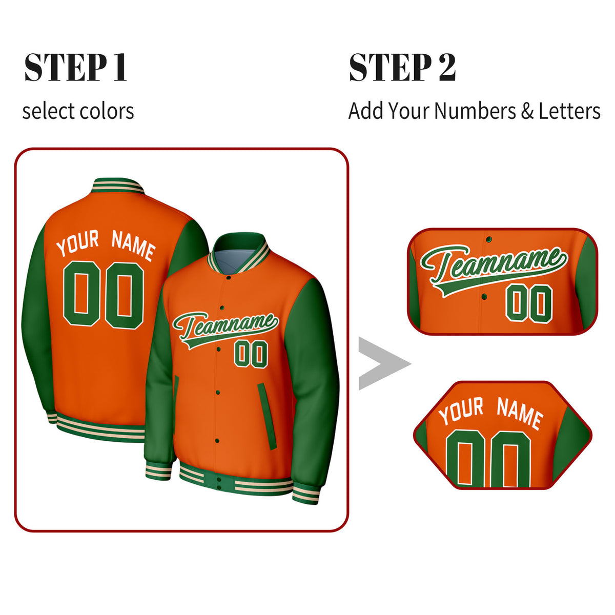 Custom Orange & Green Varsity Baseball Jacket | Personalized Jacket with Stitched Name & Number for Adult & Youth