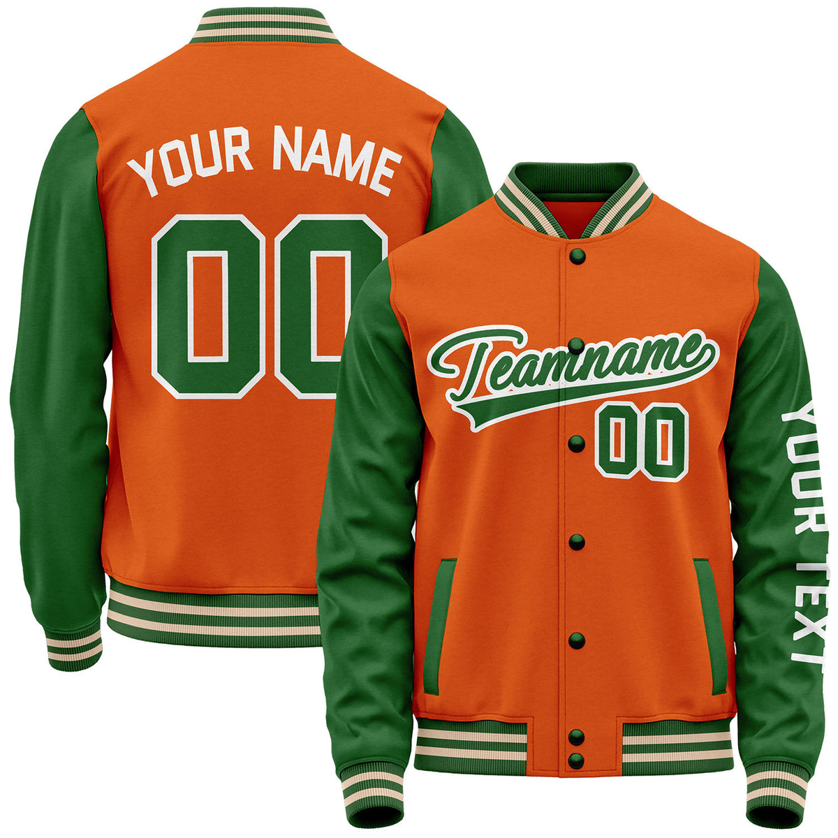 Custom orange and green team outerwear baseball by Vosoli with stitched name, number and logo. Classic varsity jacket for baseball and casual wear.