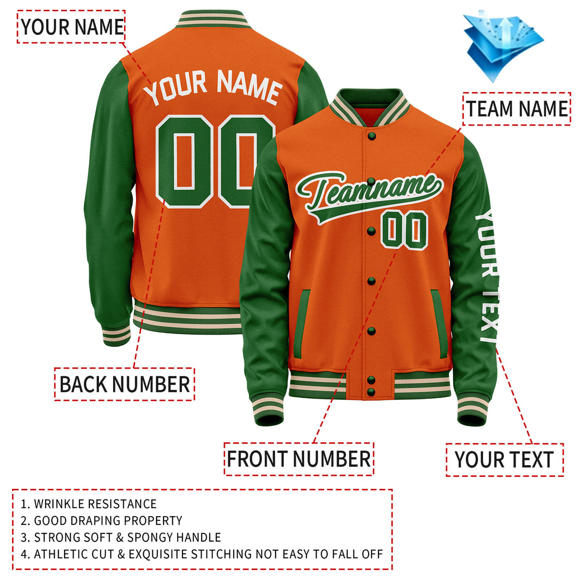 Custom Orange Green Jacket Personalized Team Name Number Letterman Bomber for Adult & Youth