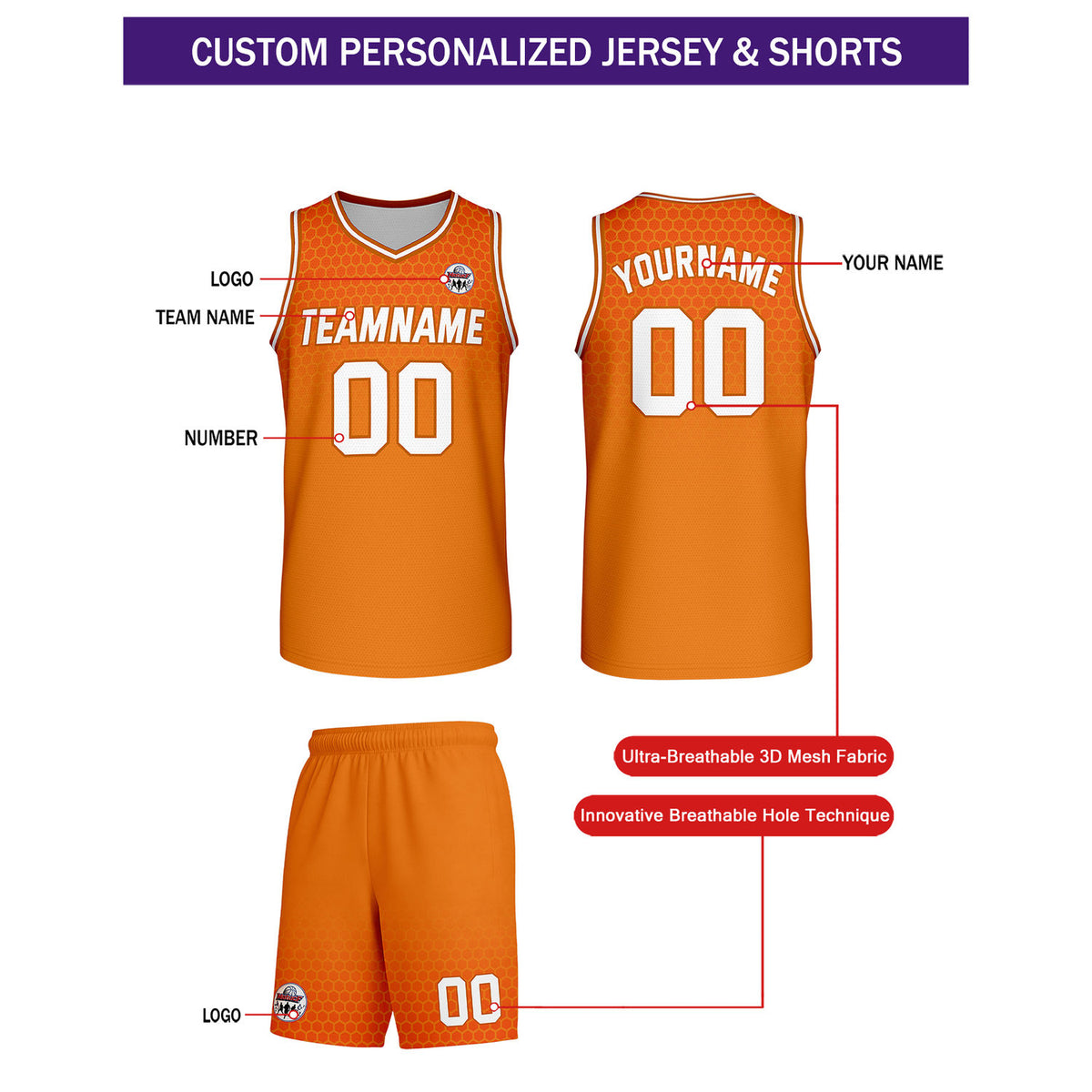 Custom Orange Honeycomb Basketball Uniform Set | Personalized Team Name & Number - Vosoli
