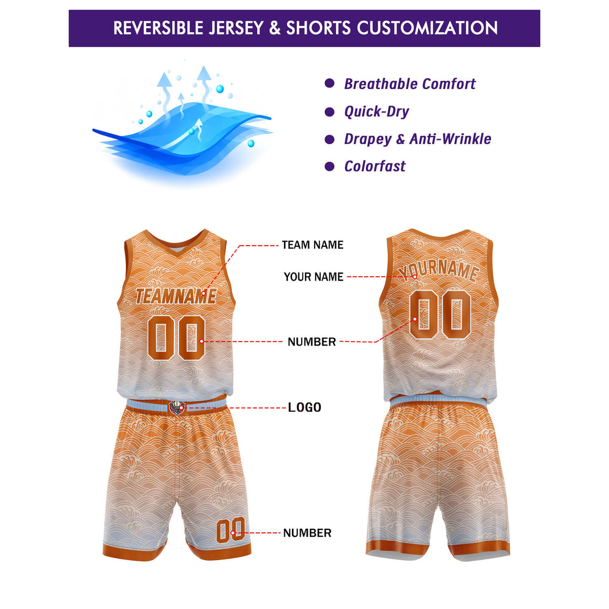 Custom Orange Blue Gradient Wave Basketball Uniform | Personalized Team Kit - Vosoli