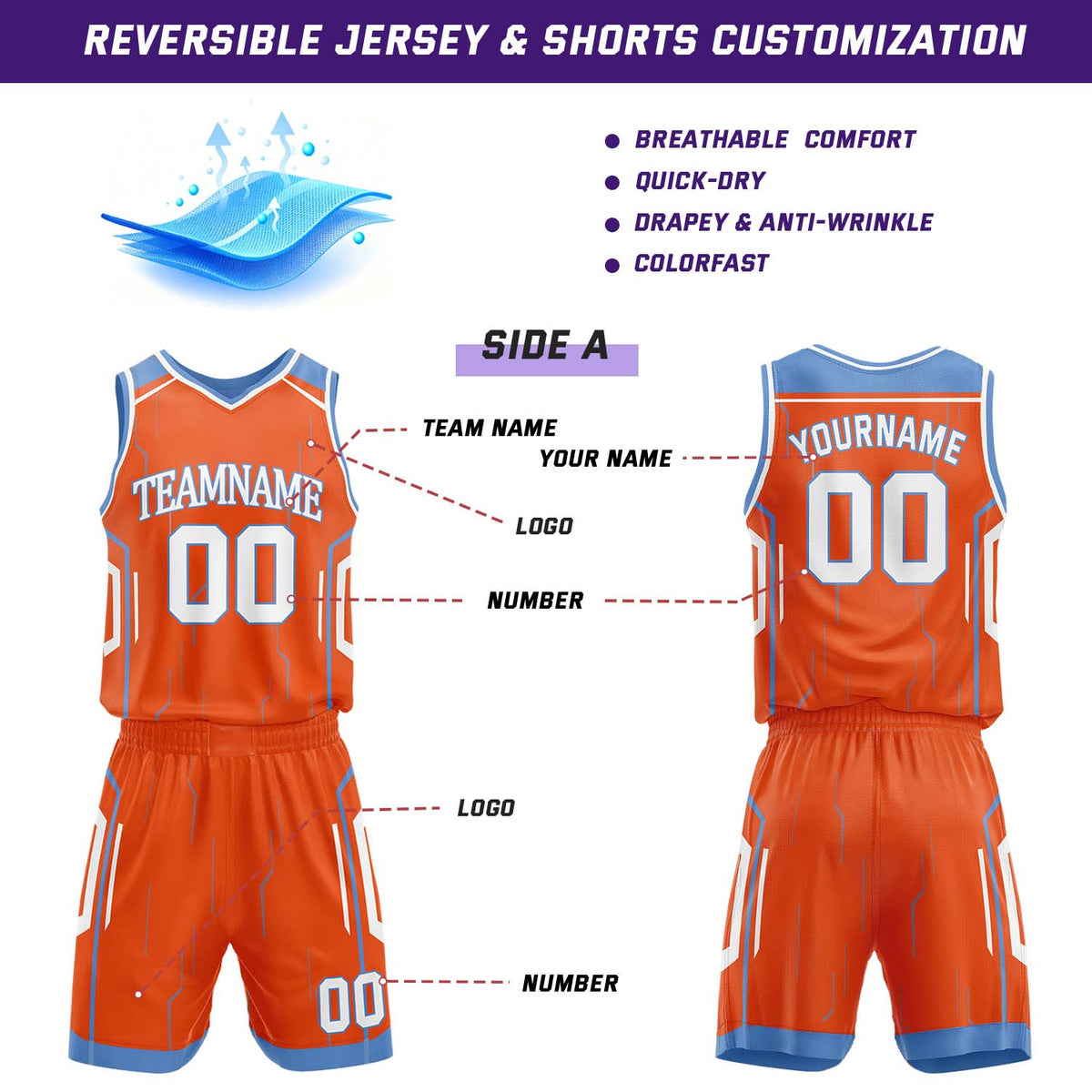 Custom Orange & Light Blue Reversible Geometric Basketball Jersey Shorts Set | Personalized Team Uniform