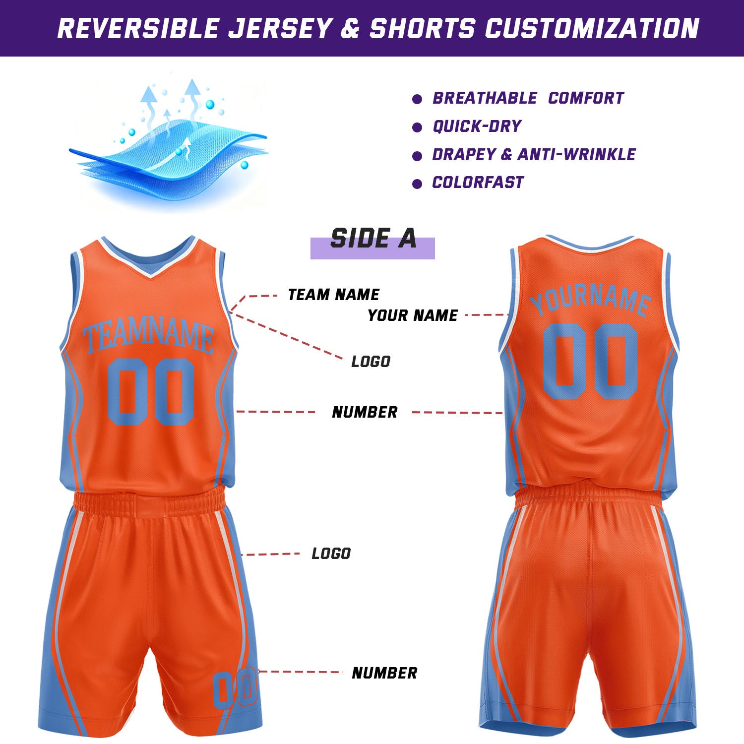 Custom Orange & Light Blue Reversible Geometric Basketball Jersey Shorts Set | Personalized Team Uniform
