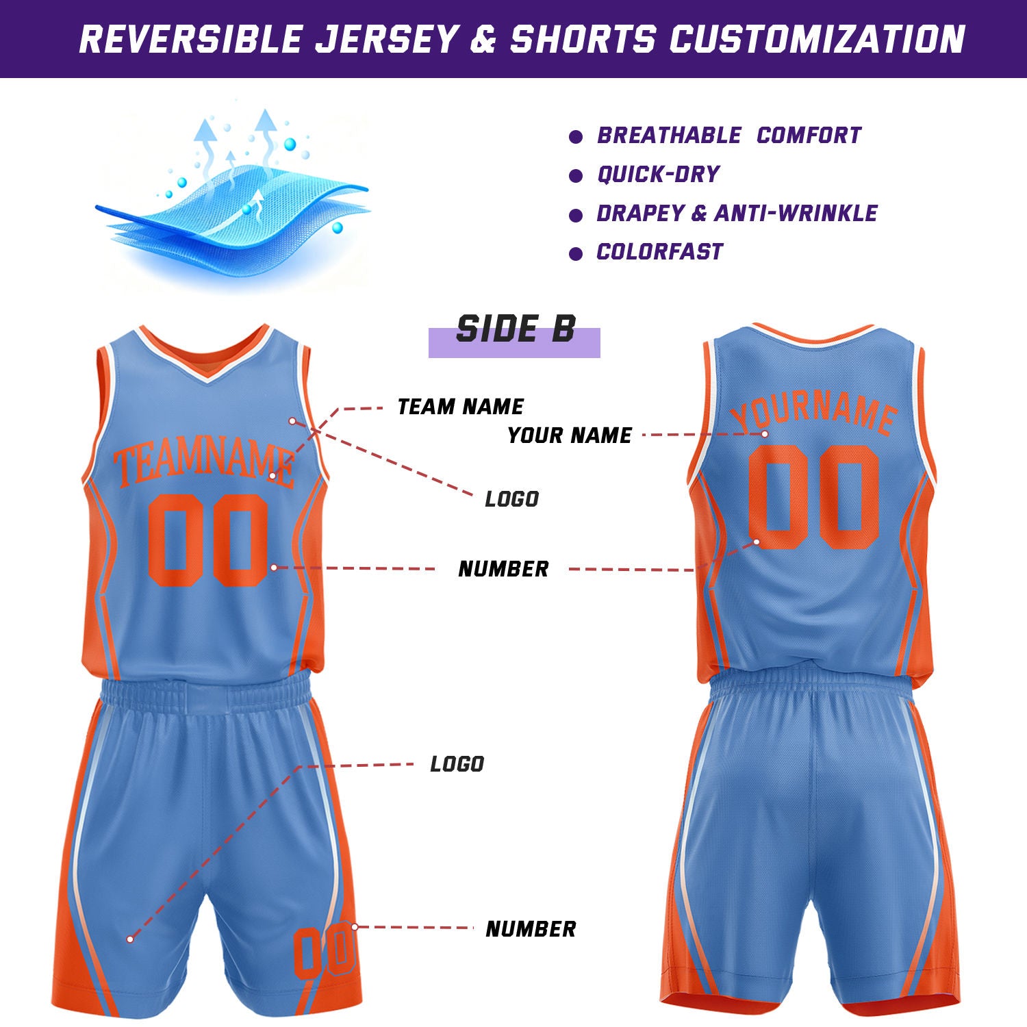 Custom Orange & Light Blue Reversible Geometric Basketball Jersey Shorts Set | Personalized Team Uniform