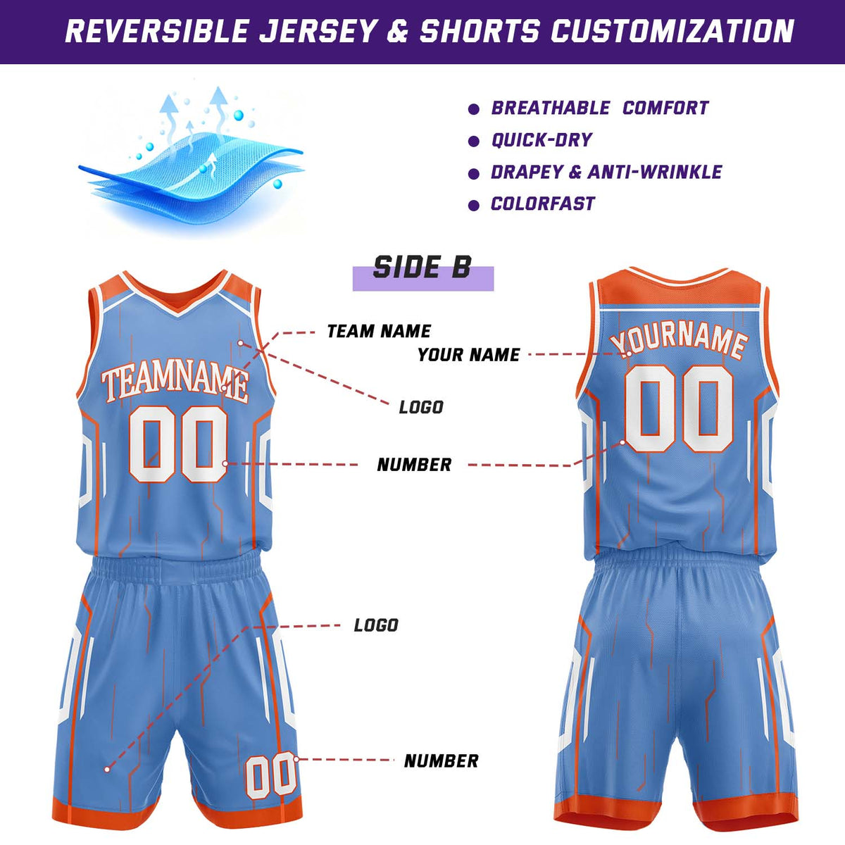 Custom Orange & Light Blue Reversible Geometric Basketball Jersey Shorts Set | Personalized Team Uniform