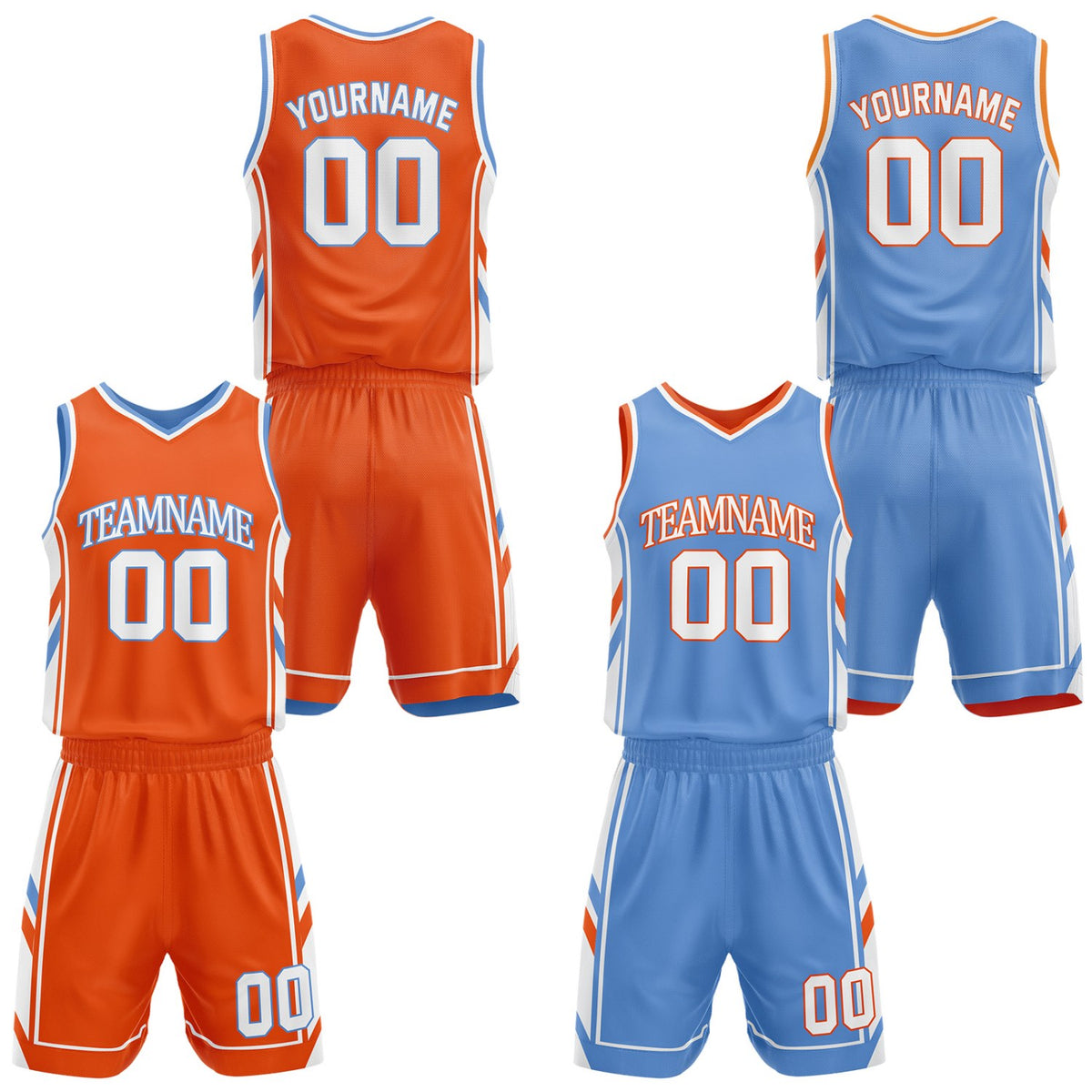 Custom orange and light blue reversible basketball uniform by Vosoli. Personalized with team name, number, and logo. Breathable mesh jersey and shorts for high school, college, and AAU teams.