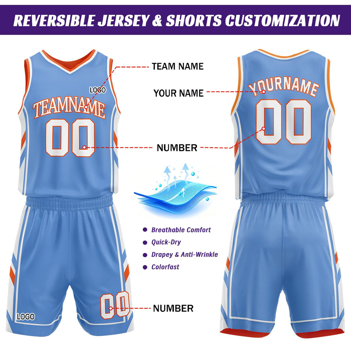 Custom Orange & Light Blue Reversible Basketball Uniform Set | Personalized Name Number Sports Jersey Shorts Kit