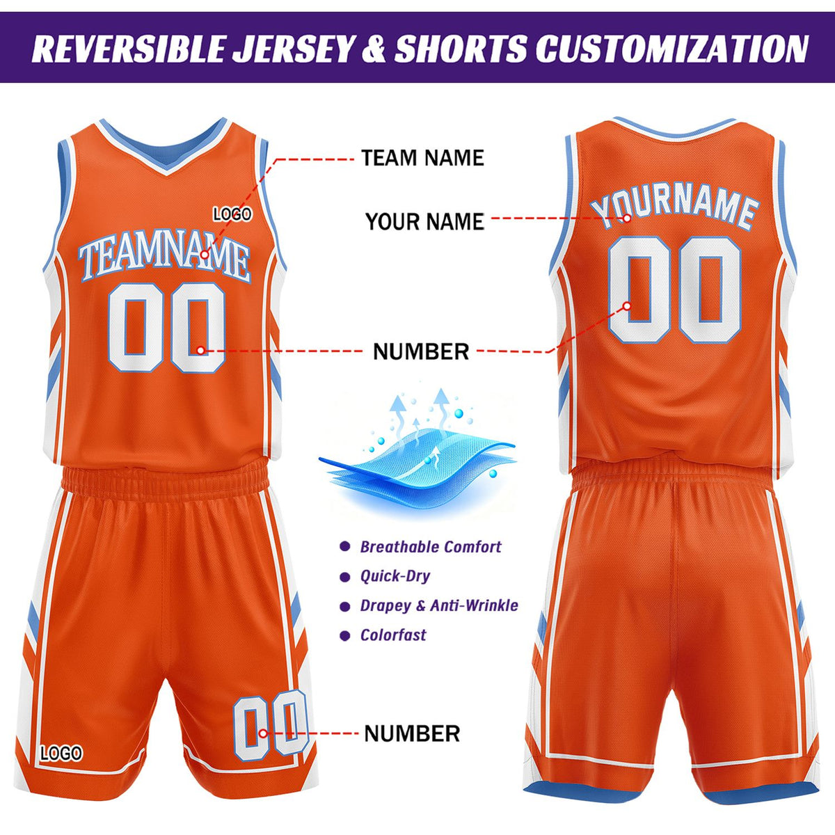 Custom Orange & Light Blue Reversible Basketball Uniform Set | Personalized Name Number Sports Jersey Shorts Kit
