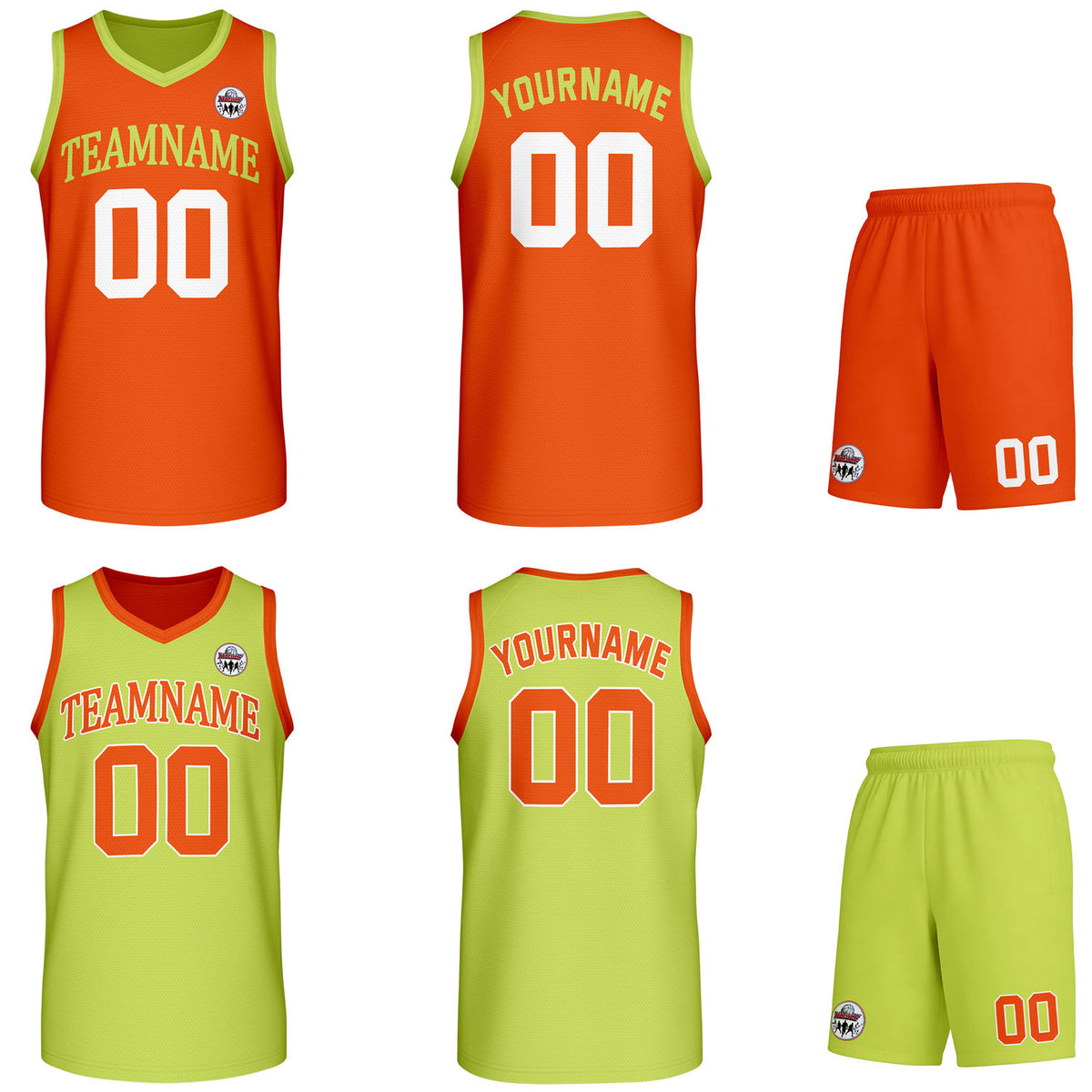 Custom orange &amp; lime green Reversible basketball uniform set, personalized team name number logo breathable mesh jersey and shorts men women youth game practice - Vosoli