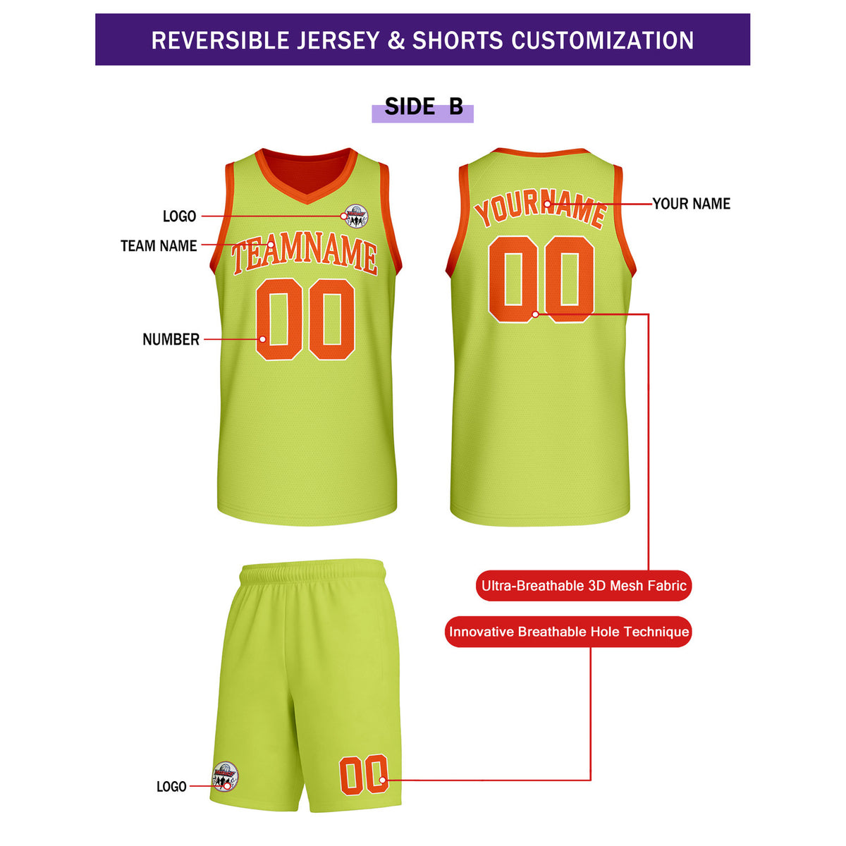 Custom Orange & Lime Green Reversible Basketball Uniform Set | Personalized Team Name & Number - Vosoli