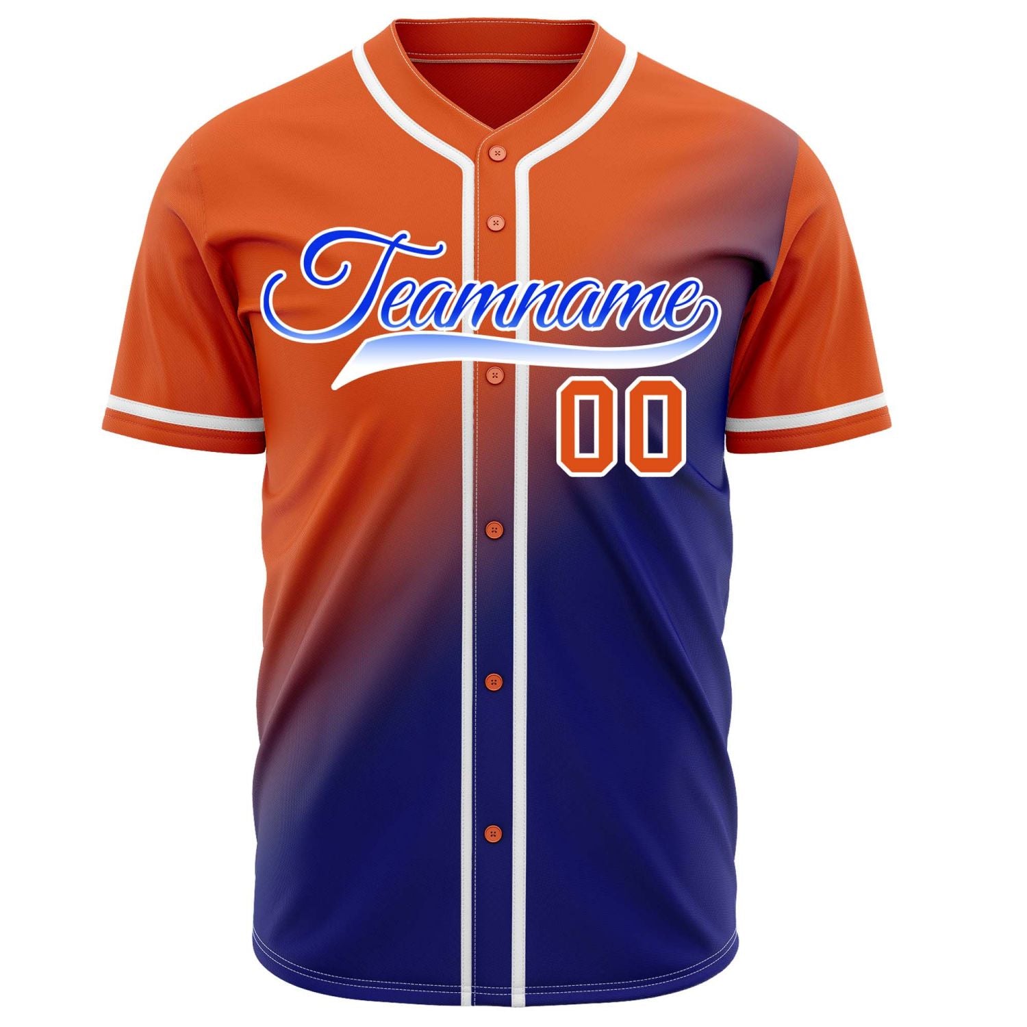 Custom orange to navy blue gradient baseball jersey, button-front style with white trim, suitable for team sports and casual wear - Vosoli
