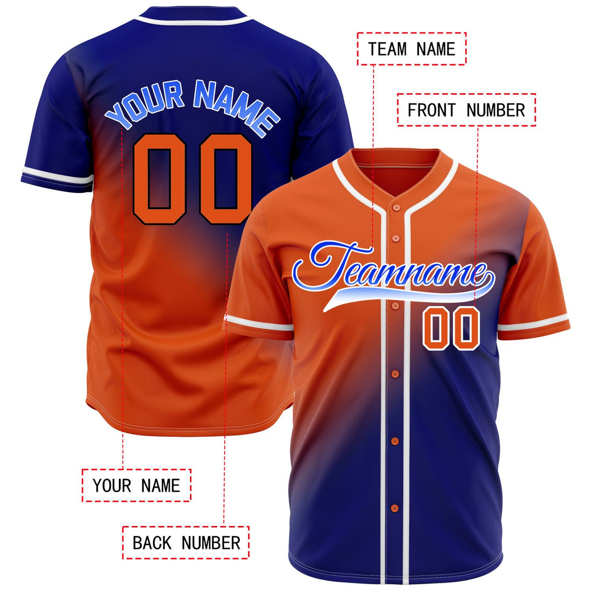 Custom Orange and Navy Blue Gradient Baseball Jersey - Personalized Team Uniforms