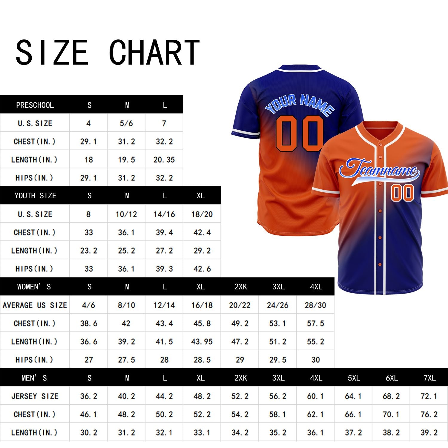 Custom Orange and Navy Blue Gradient Baseball Jersey - Personalized Team Uniforms