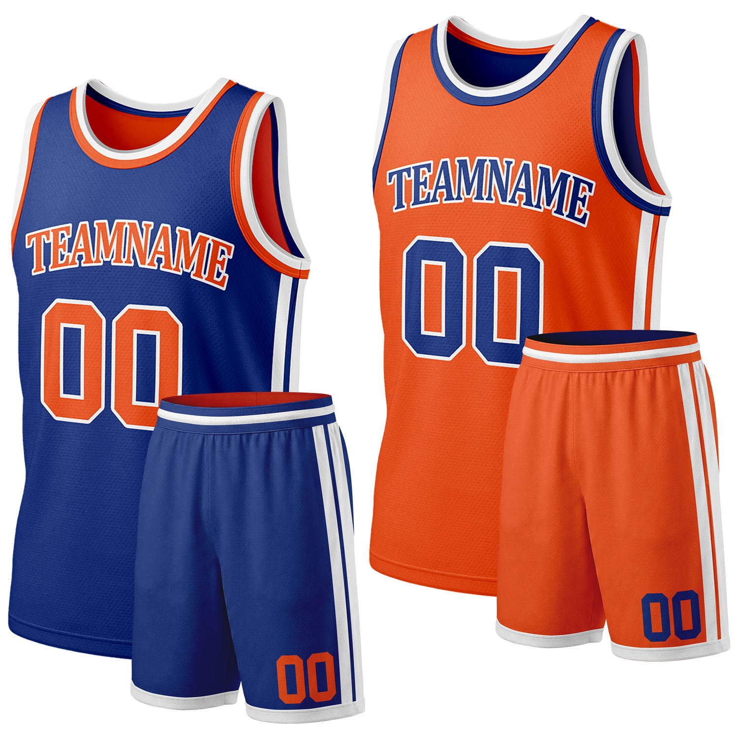 Custom orange & navy reversible basketball jersey shorts set by Vosoli | Personalized team name & number full team uniform sportswear