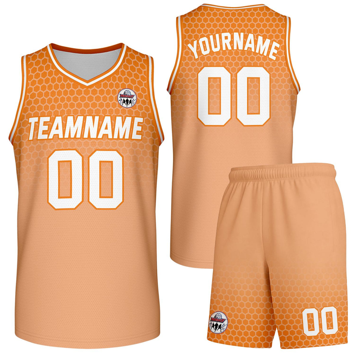 Custom orange honeycomb-pattern basketball uniform set, personalized team name number logo breathable mesh jersey and shorts men women youth game practice - Vosoli