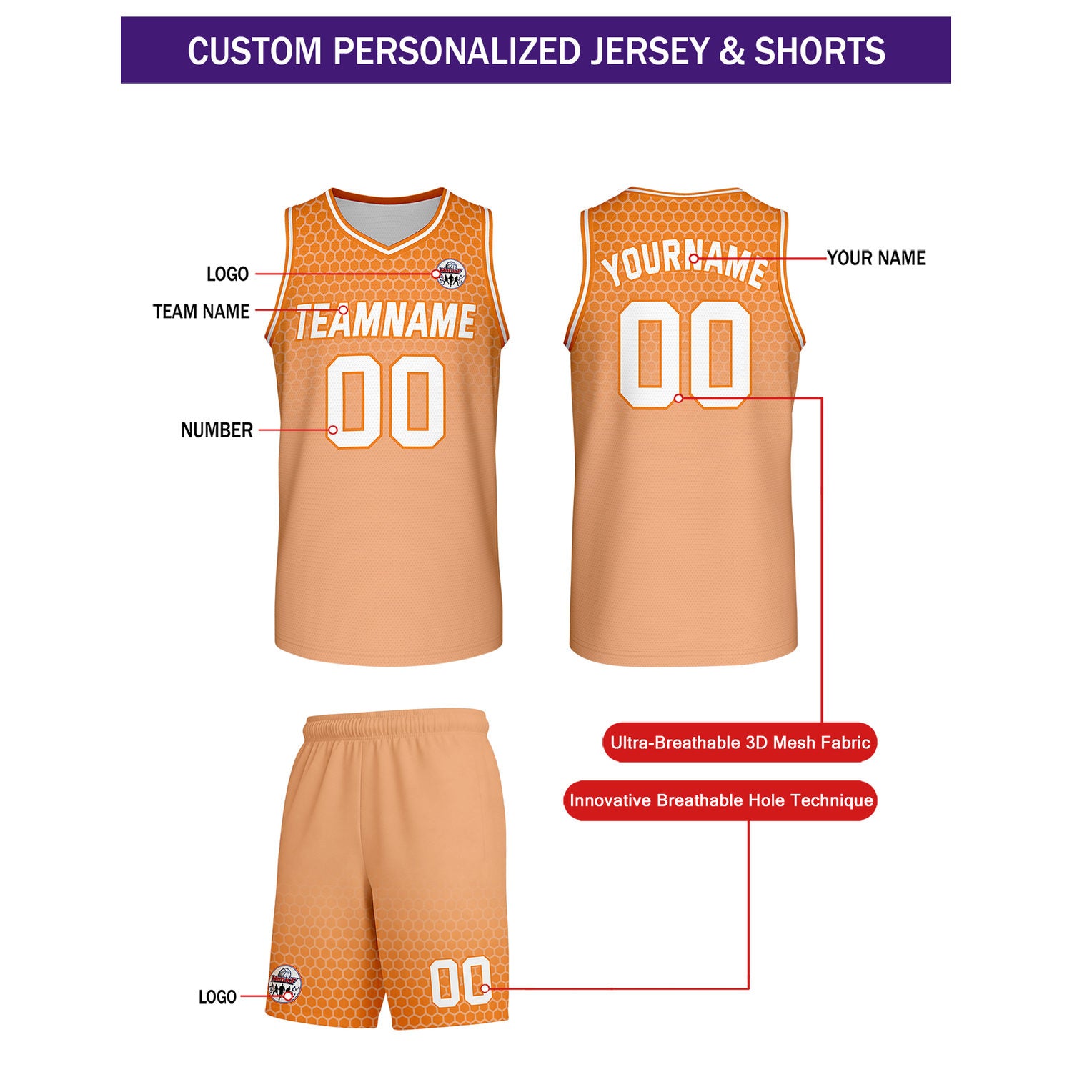 Custom orange honeycomb-pattern basketball uniform set, personalized team name number logo breathable mesh jersey and shorts men women youth game practice - Vosoli