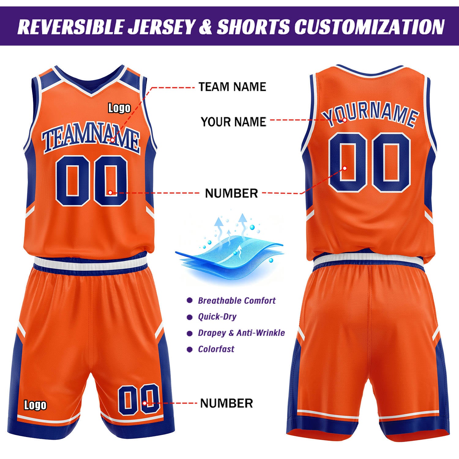Custom Reversible Basketball Uniform Set | Orange & Royal Blue V-Neck Sleeveless Jersey & Athletic Shorts